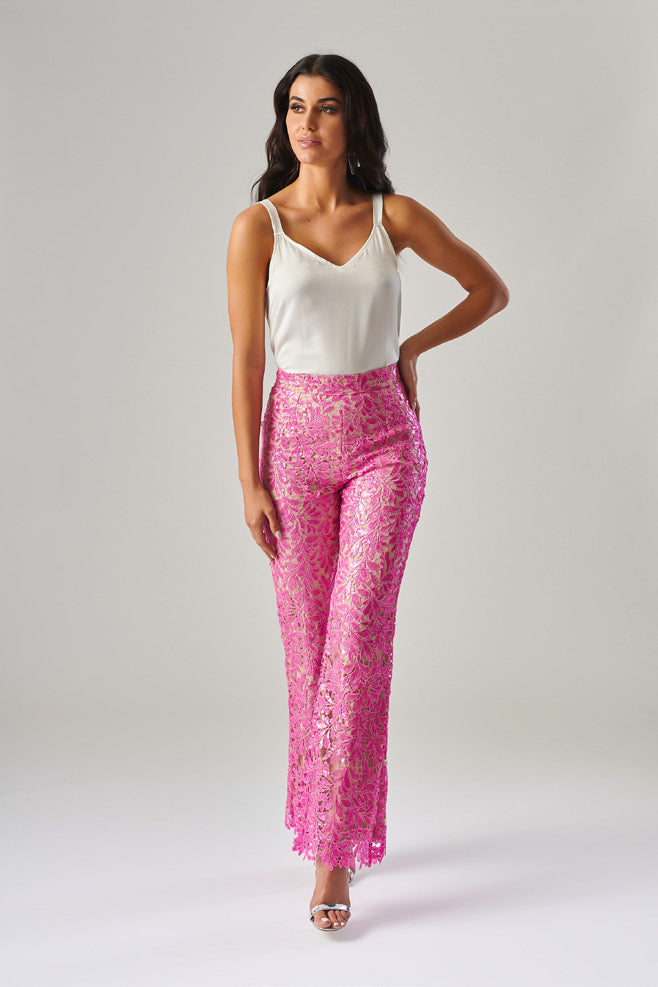 LANA FLORAL LACE SEQUIN TROUSERS