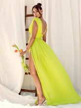 Load image into Gallery viewer, VALLEY OF ANGELS LIME SILK PLEATED HIGH SLIT MAXI DRESS