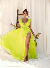 Load image into Gallery viewer, VALLEY OF ANGELS LIME SILK PLEATED HIGH SLIT MAXI DRESS