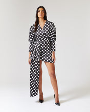 Load image into Gallery viewer, BLACK AND WHITE POLKA DOT MINI DRESS WITH PUFF SLEEVES AND DRAPE DETAIL
