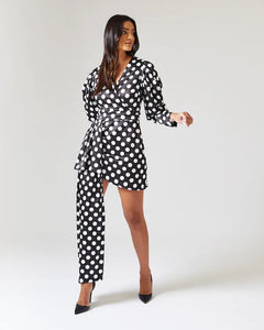BLACK AND WHITE POLKA DOT MINI DRESS WITH PUFF SLEEVES AND DRAPE DETAIL