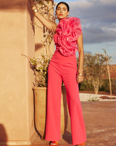 PINK ONE SHOULDER JUMPSUIT WITH ORGANZA RUFFLE DETAIL