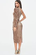 Load image into Gallery viewer, ROSIE CONNOLLY PUFF ONE SHOULDER SEQUIN MIDI DRESS