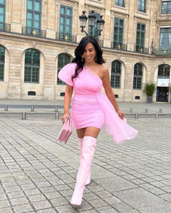 PINK TULLE ONE SHOULDER MINI DRESS WITH SASH DETAIL