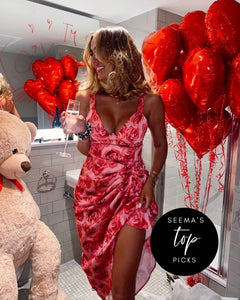 ROSE PRINTED MIDI DRESS WITH DRAPED SKIRT