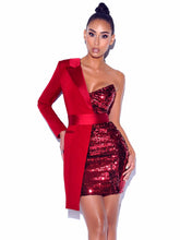 Load image into Gallery viewer, SILVER NIGHT WINE ONE SLEEVED SEQUIN CREPE TUXEDO BLAZER DRESS