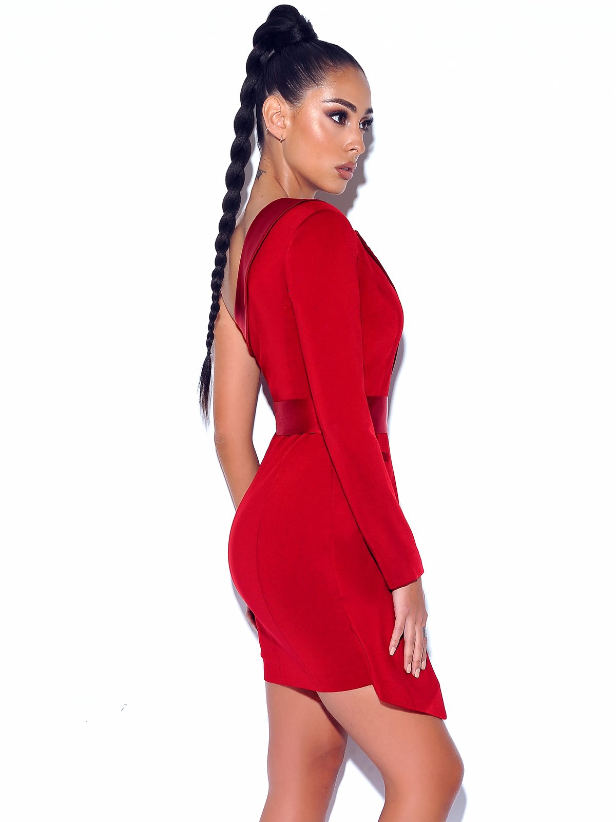 women's silver night wine red sequin crepe tuxedo blazer dress Tuxedo Mermaid Gown With Long Sleeves In Red Wine