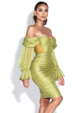 Load image into Gallery viewer, SIRENE OLIVE SILK PLEATED OFF SHOULDER BALLOON SLEEVE DRESS