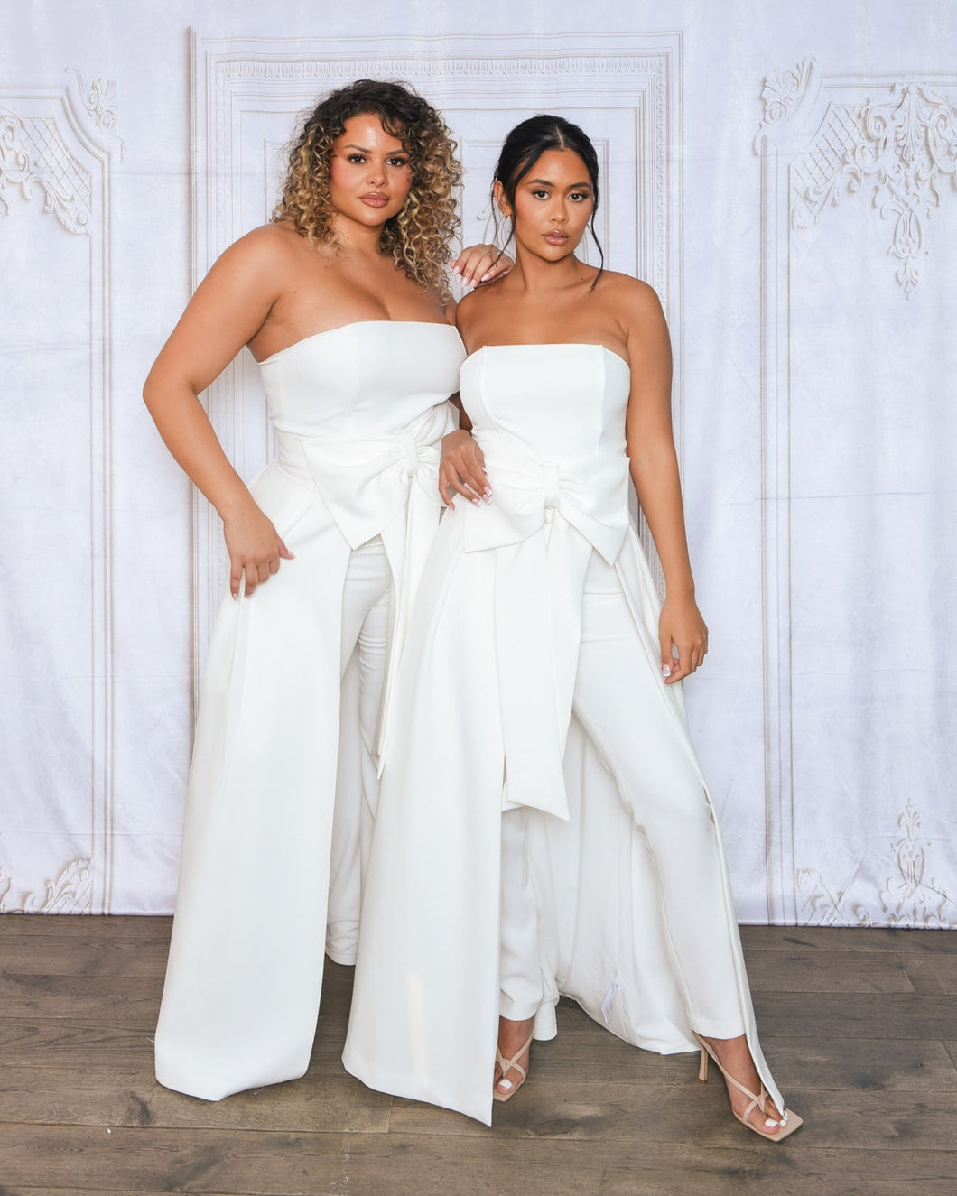 WHITE TAILORED JUMPSUIT WITH DETACHABLE SKIRT AND BOW BELT