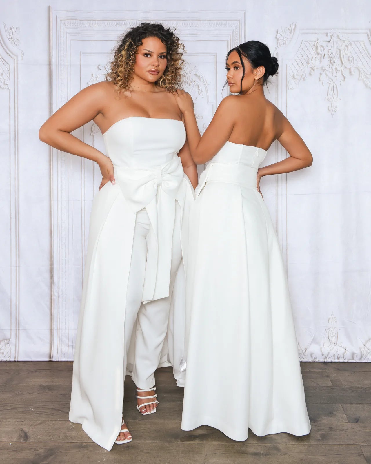 White jumpsuit with attached skirt deals