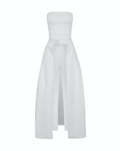 WHITE TAILORED JUMPSUIT WITH DETACHABLE SKIRT AND BOW BELT
