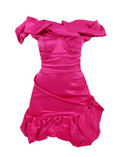 Load image into Gallery viewer, PINK SATIN OFF THE SHOULDER RUFFLE MINI DRESS