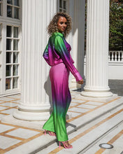 Load image into Gallery viewer, PURPLE GREEN OMBRE SATIN WIDE LEG TROUSER