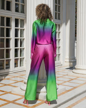 Load image into Gallery viewer, PURPLE GREEN OMBRE SATIN WIDE LEG TROUSER
