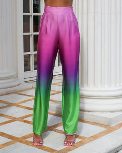 PURPLE GREEN OMBRE SATIN WIDE LEG TROUSER