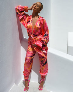 PINK & ORANGE ABSTRACT PRINT SATIN TROUSERS WITH SHIRRED CUFF