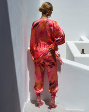 Load image into Gallery viewer, PINK &amp; ORANGE ABSTRACT PRINT SATIN TROUSERS WITH SHIRRED CUFF