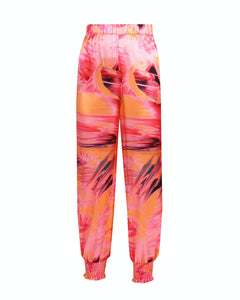 PINK & ORANGE ABSTRACT PRINT SATIN TROUSERS WITH SHIRRED CUFF