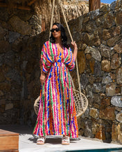 Load image into Gallery viewer, MULTI STRIPE MAXI DRESS WITH DRAPED BODICE AND SIDE SPLITS