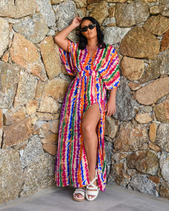 MULTI STRIPE MAXI DRESS WITH DRAPED BODICE AND SIDE SPLITS