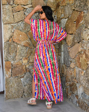 Load image into Gallery viewer, MULTI STRIPE MAXI DRESS WITH DRAPED BODICE AND SIDE SPLITS