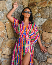 Load image into Gallery viewer, MULTI STRIPE MAXI DRESS WITH DRAPED BODICE AND SIDE SPLITS