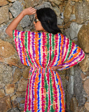 Load image into Gallery viewer, MULTI STRIPE MAXI DRESS WITH DRAPED BODICE AND SIDE SPLITS