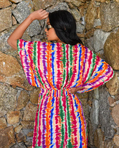 MULTI STRIPE MAXI DRESS WITH DRAPED BODICE AND SIDE SPLITS