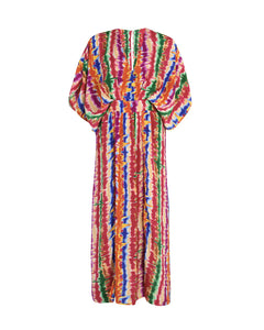 MULTI STRIPE MAXI DRESS WITH DRAPED BODICE AND SIDE SPLITS
