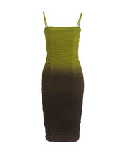 Load image into Gallery viewer, LIME AND CHOCOLATE OMBRE RUCHED MIDI DRESS WITH FRONT SEAM DETAIL