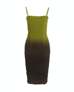 LIME AND CHOCOLATE OMBRE RUCHED MIDI DRESS WITH FRONT SEAM DETAIL