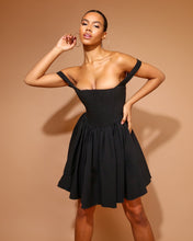 Load image into Gallery viewer, BLACK BENGALINE CORSET DRESS WITH FULL SKIRT