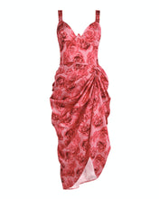 Load image into Gallery viewer, ROSE PRINTED MIDI DRESS WITH DRAPED SKIRT