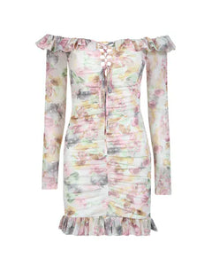 FLORAL PRINT MESH RUFFLE MINI DRESS WITH LACE UP DETAIL