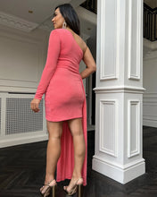 Load image into Gallery viewer, CORAL LUREX ONE SHOULDER GATHERED MINI DRESS WITH DRAPE DETAIL