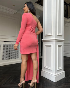 CORAL LUREX ONE SHOULDER GATHERED MINI DRESS WITH DRAPE DETAIL