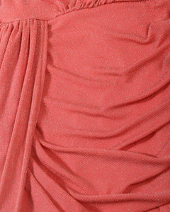 CORAL LUREX ONE SHOULDER GATHERED MINI DRESS WITH DRAPE DETAIL