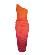Load image into Gallery viewer, PINK &amp; ORANGE OMBRE ONE SHOULDER RUCHED MESH MIDI DRESS