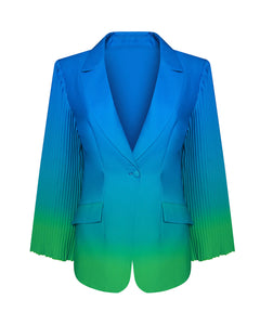 BLUE AND GREEN OMBRE FITTED BLAZER WITH PLEATED SLEEVE DETAIL