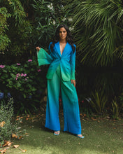 Load image into Gallery viewer, BLUE AND GREEN OMBRE PLEATED WIDE LEG TROUSER