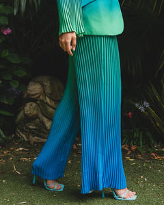 BLUE AND GREEN OMBRE PLEATED WIDE LEG TROUSER