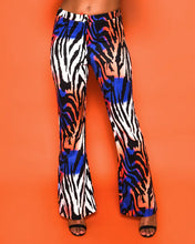 Load image into Gallery viewer, BLUE AND ORANGE ZEBRA PRINT FLARED TROUSER