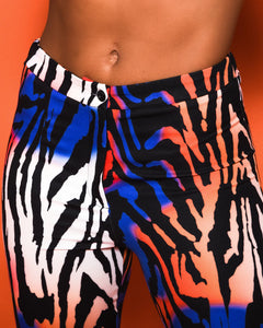 BLUE AND ORANGE ZEBRA PRINT FLARED TROUSER