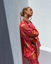 Load image into Gallery viewer, PINK &amp; ORANGE ABSTRACT PRINT SATIN TIE FRONT BLOUSE WITH ELASTIC CUFFS