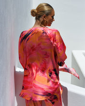 Load image into Gallery viewer, PINK &amp; ORANGE ABSTRACT PRINT SATIN TIE FRONT BLOUSE WITH ELASTIC CUFFS