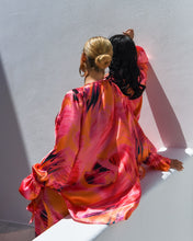 Load image into Gallery viewer, PINK &amp; ORANGE ABSTRACT PRINT SATIN TIE FRONT BLOUSE WITH ELASTIC CUFFS