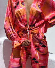 Load image into Gallery viewer, PINK &amp; ORANGE ABSTRACT PRINT SATIN TIE FRONT BLOUSE WITH ELASTIC CUFFS
