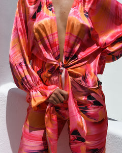 PINK & ORANGE ABSTRACT PRINT SATIN TIE FRONT BLOUSE WITH ELASTIC CUFFS