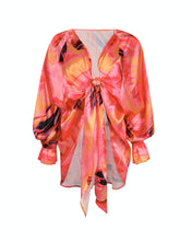 Load image into Gallery viewer, PINK &amp; ORANGE ABSTRACT PRINT SATIN TIE FRONT BLOUSE WITH ELASTIC CUFFS