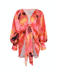 PINK & ORANGE ABSTRACT PRINT SATIN TIE FRONT BLOUSE WITH ELASTIC CUFFS